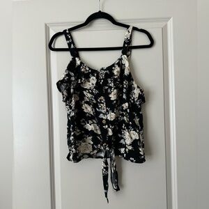 Black floral tie front tank